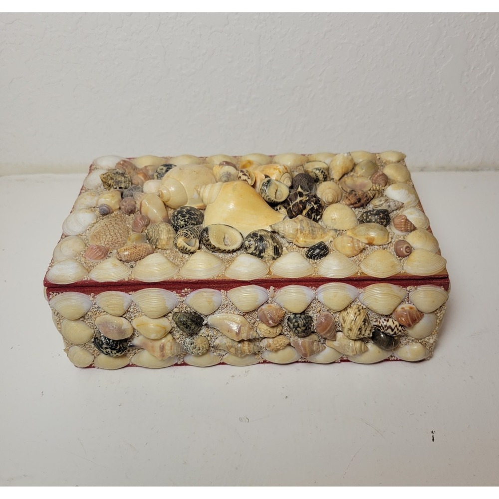 Vintage Sea Shell  Trinket Jewelry Red  Felt Lining